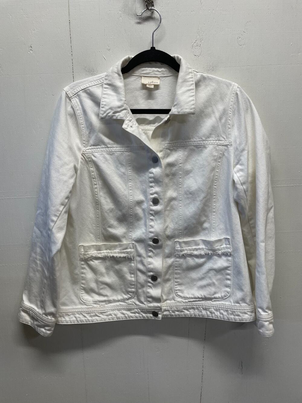 J. Jill Women's White Denim Jacket Size Medium Frayed Pocket Detail